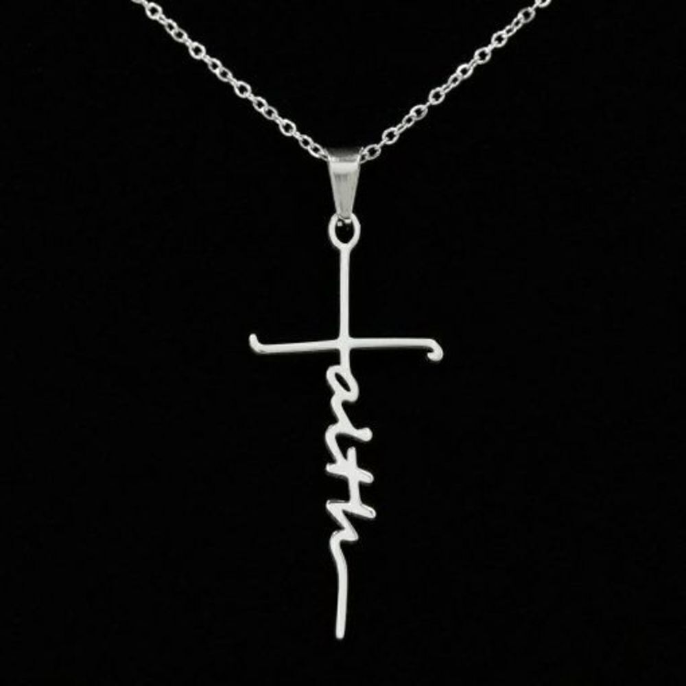 SILVER STAINLESS STEEL FAITH CROSS INSPIRATIONAL NECKLACE